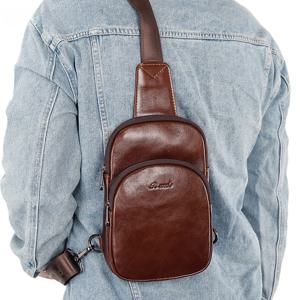 캐주얼 가죽 크로스바디 백 남성용 최고급 소가죽 미니 스포츠 체스트 백 레저용 소형 백팩 얇은 지퍼 클로저 단색
