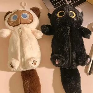 만화 플러시 큰 눈 고양이 필통 슈퍼 소프트 재미있는 인형 대용량 필통 다기능 문구류 보관 가방