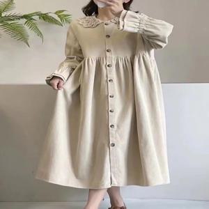 플러스 사이즈 여성용 빈티지 코듀로이 무릎 길이 드레스 루즈핏 인형 스타일 긴팔 A라인 드레스 이지케어 가을 겨울 드레스