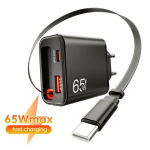 65W 초고속 충전 타입 C USB 휴대폰 충전기, 아이폰 17 16 15 삼성 포코 샤오미용 리트랙터블 USB C 케이블 포함
