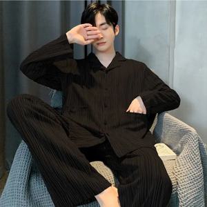 남성용 순면 긴팔 잠옷 봄 가을 홈웨어 세트 야외 착용 가능 큰 사이즈 학생 홈 패션 트렌드