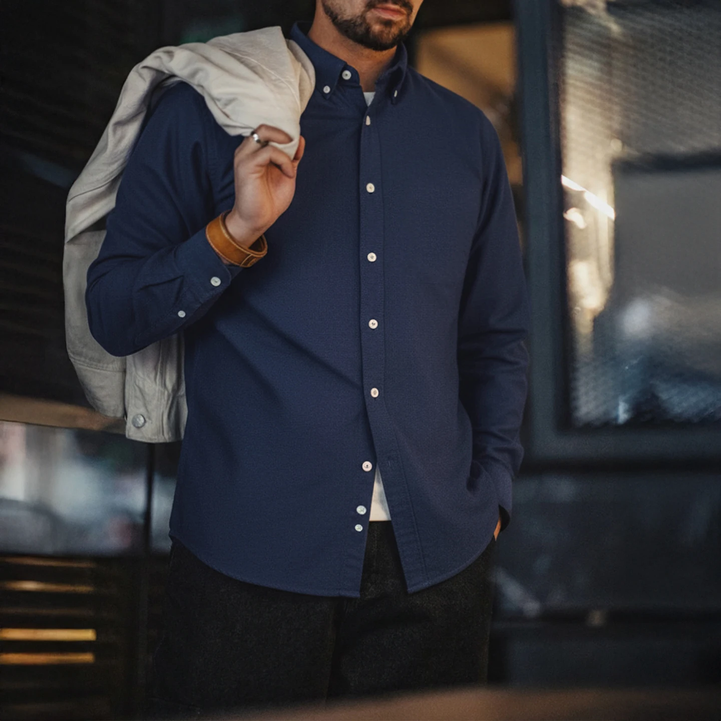 메이든 빈티지 옥스포드 셔츠 남성용 브러시드 코튼 긴팔 셔츠 싱글 브레스티드 블라우스 솔리드 컬러 레이어링 탑 가을용