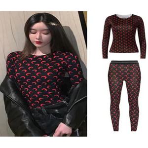 달콤한 투피스 세트 여성용 아메리칸 레트로 레이어드 의상 긴 소매 달 프린트 탑 아이스 실크 팬츠 섹시 캐주얼 가을 패션