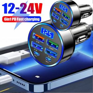 차량용 휴대폰 충전기 어댑터 전압 표시 듀얼 PD 초고속 12-24V 아이폰 15 프로 맥스 OPPO 삼성 화웨이 6in1 USB