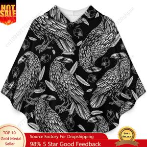 아늑한 플란넬 담요 스웨터, 레이븐 패턴 블랙 오버사이즈 후드티(어린이 및 청소년용 포켓 포함)