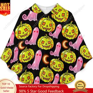 아늑한 플란넬 담요 스웨터, 호박 달 유령 오버사이즈 후드티(어린이 및 청소년용 주머니 포함)