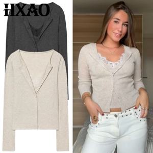 여성용 HXAO 크롭 니트 가디건 가을 봄 시크 레이스 긴팔 니트웨어 다크그레이 베이지 스웨터 한국 인기 가디건