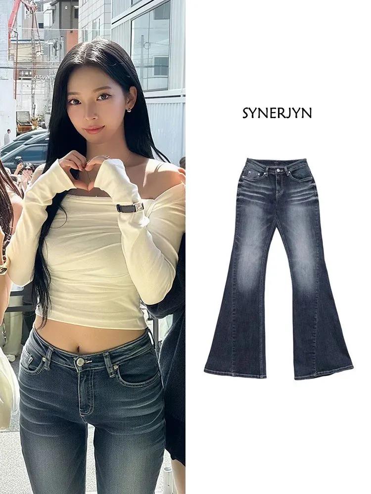 하이웨이스트 코튼 스트레치 데님 플레어 진 레트로 워싱 섹시걸 스타일 지퍼 클로저 슬림핏 여성 청바지 가을 시즌