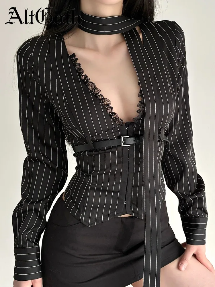 AltGoth 섹시한 오피스 레이디 스트라이프 셔츠 여성용 미학적 페어리코어 그런지 Y2k 레이스 패치워크 브이넥 긴팔 하이웨이스트 블라우스