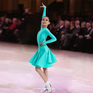 여아 라틴 댄스 대회 의상 광택 있는 원단 긴 소매 댄스 드레스 어린이 차 룸바 댄스 연습복 신상품