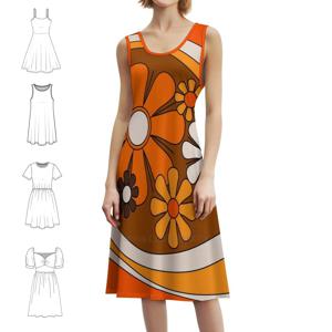 플로럴 데이드림 레트로 패턴 70년대 오렌지와 브라운 여성의 우아한 파티 드레스 A라인 드레스(짧은/긴/소매 없는)