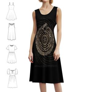 히카테 휠 위드 우로보로스 보헤미안 민소매 드레스 여성용 프린트 비치 파티 드레스 우로보로스 뱀의 휠