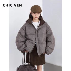 CHIC VEN 여성용 다운 코트 레트로 양면 스탠드업 칼라 다운 재킷 90% 화이트 덕 다운 여성용 오버코트 가을 겨울 2025