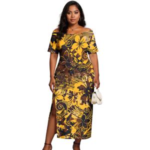 새로운 디자인 여성 트라이벌 드레스 맞춤 하와이 사모아 프린트 폴리네시안 트라이벌 슬릿 이브닝 알로하 드레스 플러스 사이즈 파티 가운
