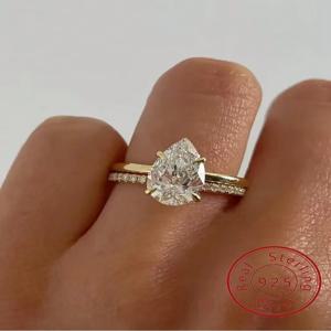 925 스털링 실버 1-4 CT 지르콘 스파클링 럭셔리 물방울 모양 반지 여성용 약혼 결혼 고품질 파인 주얼리