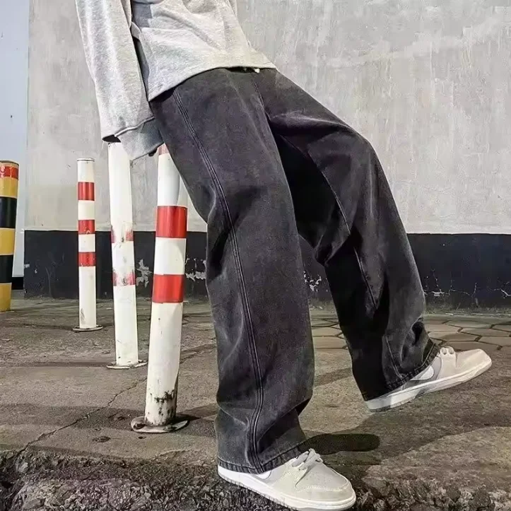 2025 신상 스트리트웨어 루즈 진 남성 한국 스타일 패션 루즈 스트레이트 와이드 레그 팬츠 남성 브랜드 의류 블랙 라이트 블루