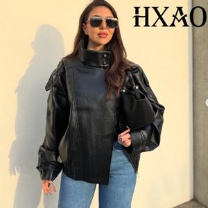 HXAO 여성용 인조 가죽 자켓 짧은 코트 여성용 블랙 봄버 자켓 루즈한 겨울 아우터 하이 넥 에비에이터 자켓