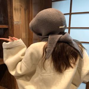 여성용 순모 회색 니트 발라클라바 겨울 따뜻한 귀마개 모자와 스카프