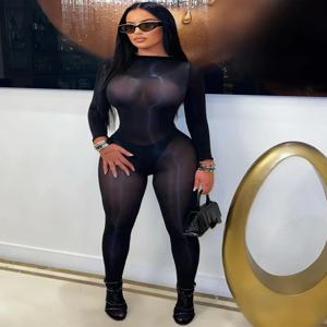 여성 섹시 시스루 실키 광택 하이 스트레치 심리스 스키니 점프수트 O넥 긴팔 타이트 스타킹 오버올 팬티스타킹