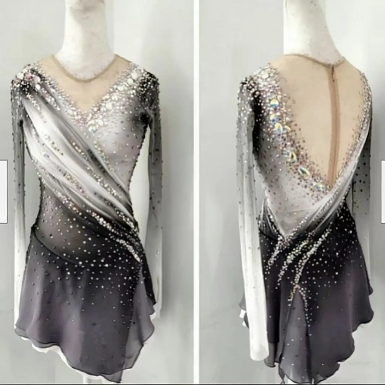 고급 맞춤형 그레이-블랙 그라데이션 고탄력 여성 피겨 스케이팅 드레스 맞춤형 프리미엄 품질