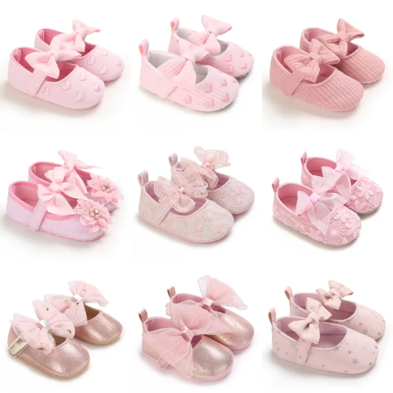 봄과 가을 핑크 리본 부드러운 밑창 아기 여자아이 신발 0-1세 귀여운 공주 아기 신발