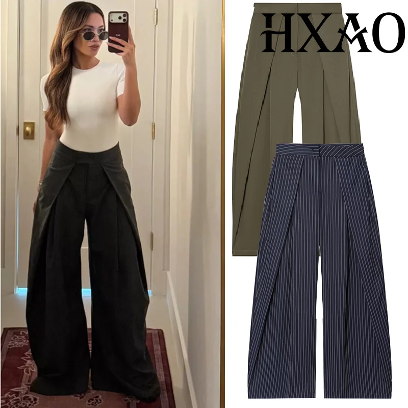 HXAO 여성 바지 여성을위한 헐렁한 와이드 바지 미니멀리스트 플리츠 스트라이프 캐주얼 바지 여성 오피스 그린 오버 사이즈 정장 바지