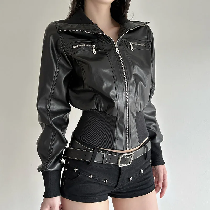 봄 가을용 숏핏 허리 PU 재킷, 모터사이클 스타일 레트로 스타일 스플라이스 다용도 아우터웨어, 패션을 선도하는 여성용