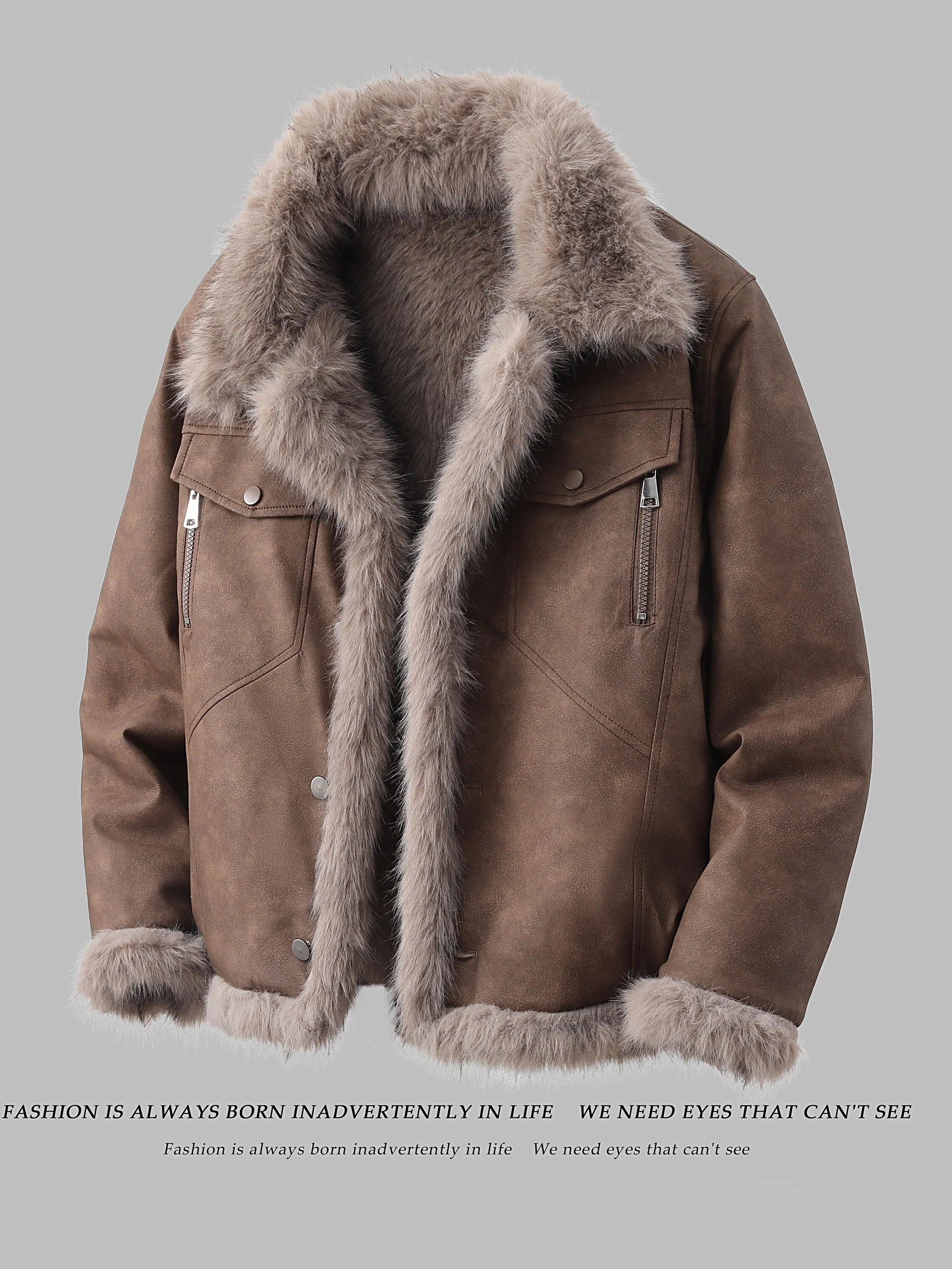 고급스러운 레트로 남성용 겨울 재킷 대형 사이즈 플리스 안감 두꺼운 퍼 칼라 가죽 코트 젊은 감각의 캐주얼 따뜻한 패션