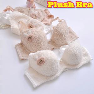 여성 투톤 플러피 푸쉬업 언더와이어 브라 팬티 세트 겨울용 따뜻하고 부드럽고 편안한 귀엽고 신선한 플러시 란제리 가벼운 디자인