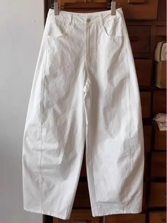 하이웨이스트 와이드 레그 팬츠 솔리드 컬러 심플 디자인 캐주얼 하프 엘라스틱 허리 루즈핏 트라우저 플러스 사이즈 여성용