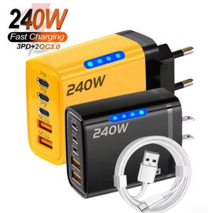 240W 5 in 1 USB C GaN 데스크탑 충전기 고속 충전 전화 어댑터 10A 타입 C 케이블 아이폰 삼성 샤오미용 EU/US/UK 플러그 충전기