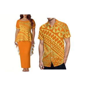 2026년 신상 맞춤형 하와이안 스타일 디자인 여성 퍼프 소매 백 슬릿 톤가 풀레타시 드레스 롱탑과 스커트 투피스