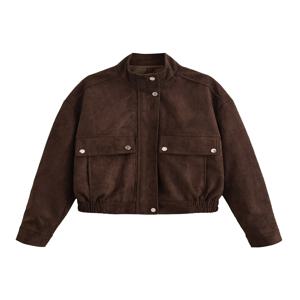 레트로 아메리칸 스웨이드 숏 재킷 여성용 다용도 포켓 야구 스타일 슬리밍 코트 스탠드 칼라 따뜻한 폴리에스터 섬유