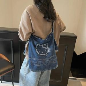 산리오 신상 토트백 헬로키티 언더암백 2025 토트백 데님 버킷 대용량 휴대용 숄더백 한국 스타일 가방