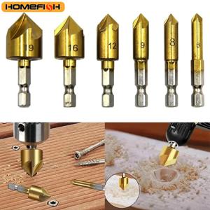 6PC 육각 핸들 티타늄 도금 5면 챔퍼링 나이프 카운터싱크 드릴 6-19mm 목공용 스팟 페이서 툴 세트