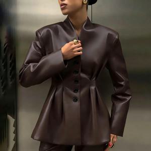 KT 블랙 버튼 2026 신상 여성 다크 브라운 가죽 스탠드 칼라 벨티드 블레이저 오피스 포멀 시크 수트 재킷 가을