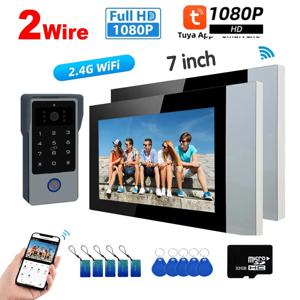 2선식 투야 스마트 와이파이 비디오 도어폰 7인치 컬러 도어벨 2개 터치스크린 비밀번호 IC 카드 잠금해제 보안 인터콤 시스템