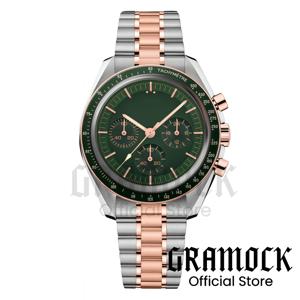 남성용 럭셔리 투톤 로즈 골드 크로노그래프 시계 빈티지 그린 VK63A 쿼츠 스피드 시계 남성용 스틸 팔찌 50Bar 방수