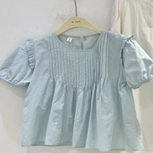 블루 버블 슬리브 반팔 여성용 탑 디자인 센스 센스가 있는 젠틀 엘레강트 인형 셔츠 여름 포켓 손수건