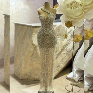 럭셔리 비즈 크리스탈 이브닝 드레스 누드 슬리브리스 시스루 머메이드 프롬 드레스 생일 갈라 웨딩드레스 맞춤 제작