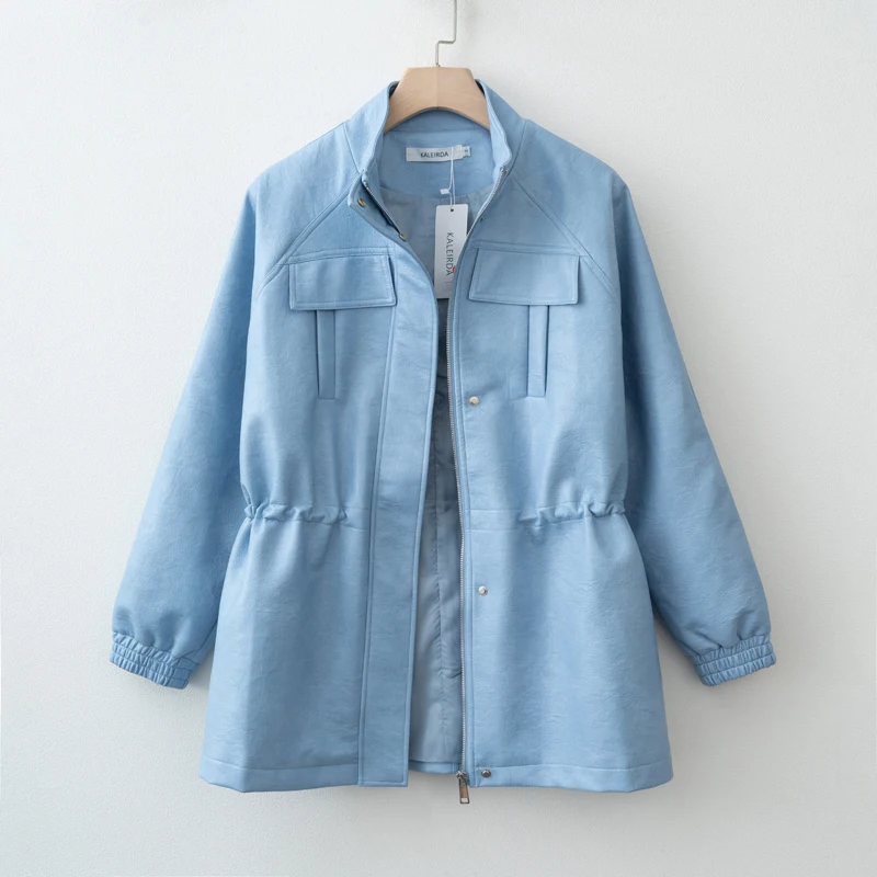 가을 겨울 여성용 PU 가죽 재킷 솔리드 풀 슬리브 탄력 조절 가능한 허리 코트 2025 신상 여성 패션 캐주얼 아우터웨어