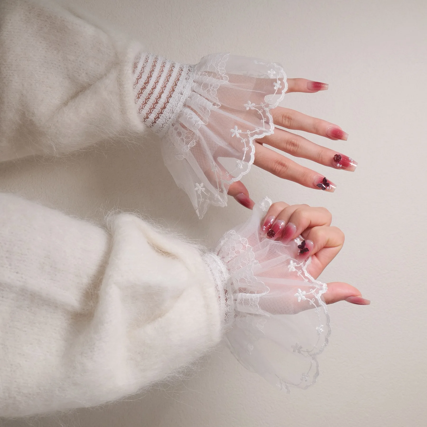 탈부착 가능한 레이스 플라워 메쉬 플레어 슬리브, 이중 레이어 주름 장식 커프스, 스웨터 블라우스 여성 패션 슬리브 액세서리