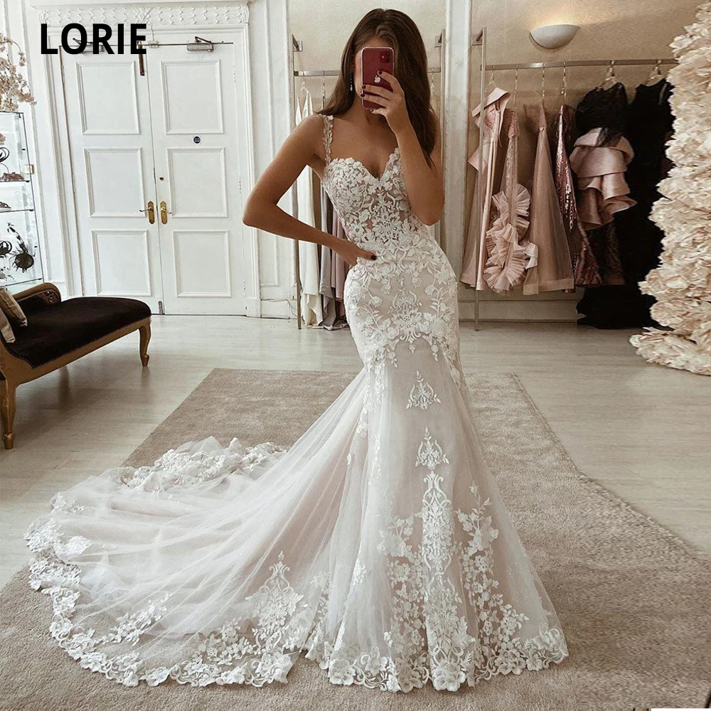 LORIE 아이보리 인어 웨딩 드레스 레이스 아플리케 Tulle Bridal 가운 기차 아가 스파게티 스트랩 빈티지 가운 맞춤형
