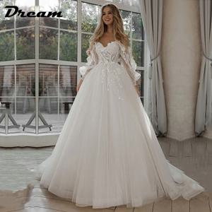 드림 맞춤형 오프 숄더 레이스 반짝이 웨딩 드레스 긴 퍼프 슬리브 3D 꽃 Boho 신부 가운 2025 Vestidos De Novia