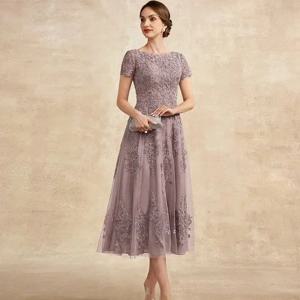 맞춤형 우아한 짧은 레이스 아플리케 신부 어머니 드레스 2026 스쿠프 넥 티 길이 A 라인 튤 웨딩 게스트 가운