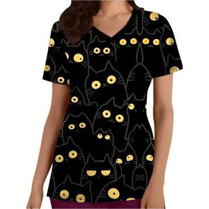 귀여운 고양이 프린트 스크럽 의료 여성, 마이크로 스트레치 V-넥 치과 간호 캐주얼 반팔 상의, 스파 수의사, 여성 의료 유니폼