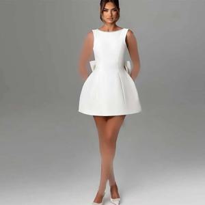 미니 시빌 웨딩드레스 새틴 A라인 웨딩 파티 드레스 화이트 O넥 진주 리본 백리스 지퍼 숏 웨딩드레스 2025