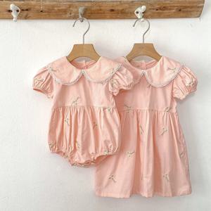 자매 자수 아기 Romper 여자 공주 드레스 핑크 여름 일치하는 자매 복장 아이 아기 소녀 옷 소녀 꽃 드레스