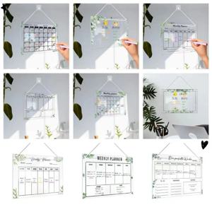 투명 메시지 보드 아크릴 월간 주간 메모 보드 녹색 잎 패턴 벽 교수형 지울 수있는 화이트 보드