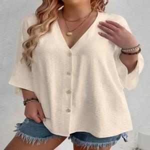 여성용 플러스 사이즈 티셔츠 솔리드 컬러 통기성 봄/여름 브이넥 버튼 여행 캐주얼웨어 유럽과 미국 스타일